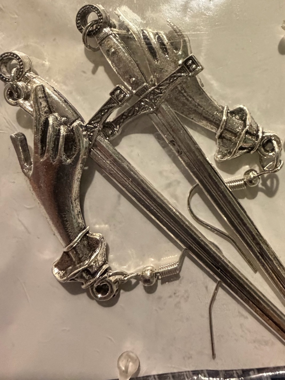 Silver Hand & Dagger Drop Earrings - Women Accessories